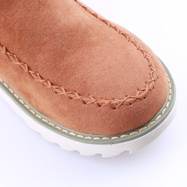 Women's ankle platform boots brown suede upper with contrast stitching close-up