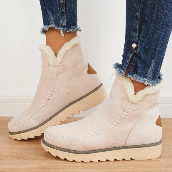 Women's ankle platform boots in light beige suede with cream sherpa trim