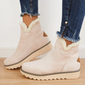 Women's ankle platform boots in light beige suede with cream sherpa trim