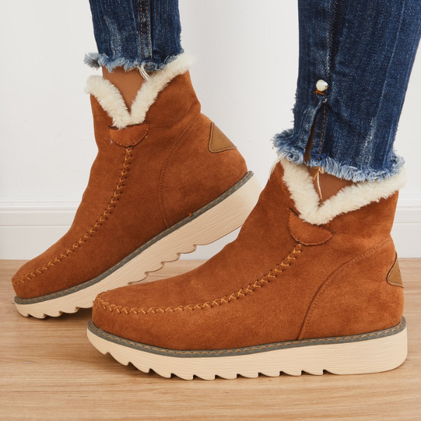 Women's ankle platform boots in brown suede with cream sherpa trim and tread sole