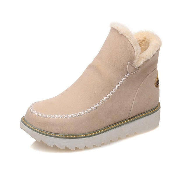 Women’s beige ankle platform boots with sherpa cuff, stitched seams, chunky sole