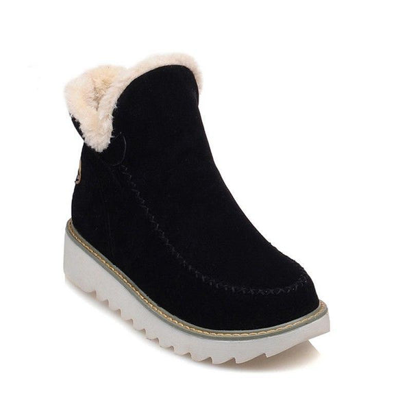 Women's ankle platform boots in black suede with cream sherpa collar