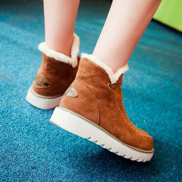 Women’s brown ankle platform boots with white sherpa trim and treaded sole