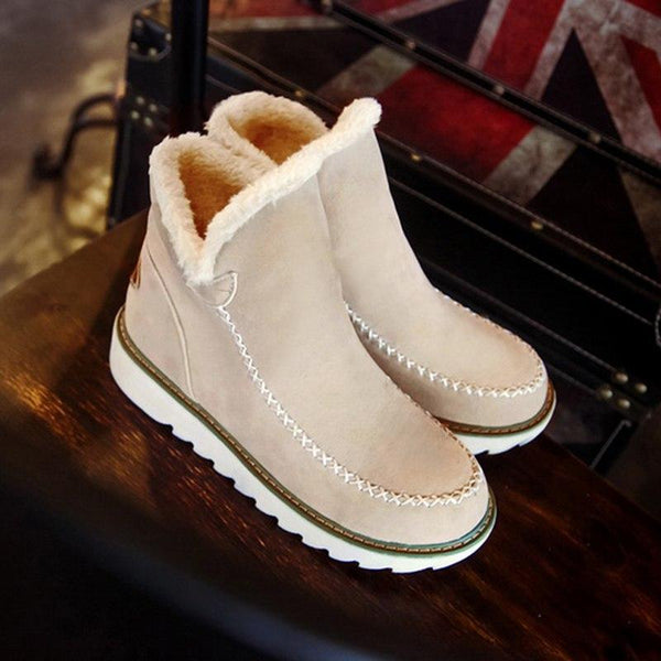 Women’s white ankle platform boots with sherpa lining, stitched detail, treaded sole