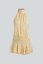 Light yellow women’s halter mini dress with gathered waist and tiered ruffle hem