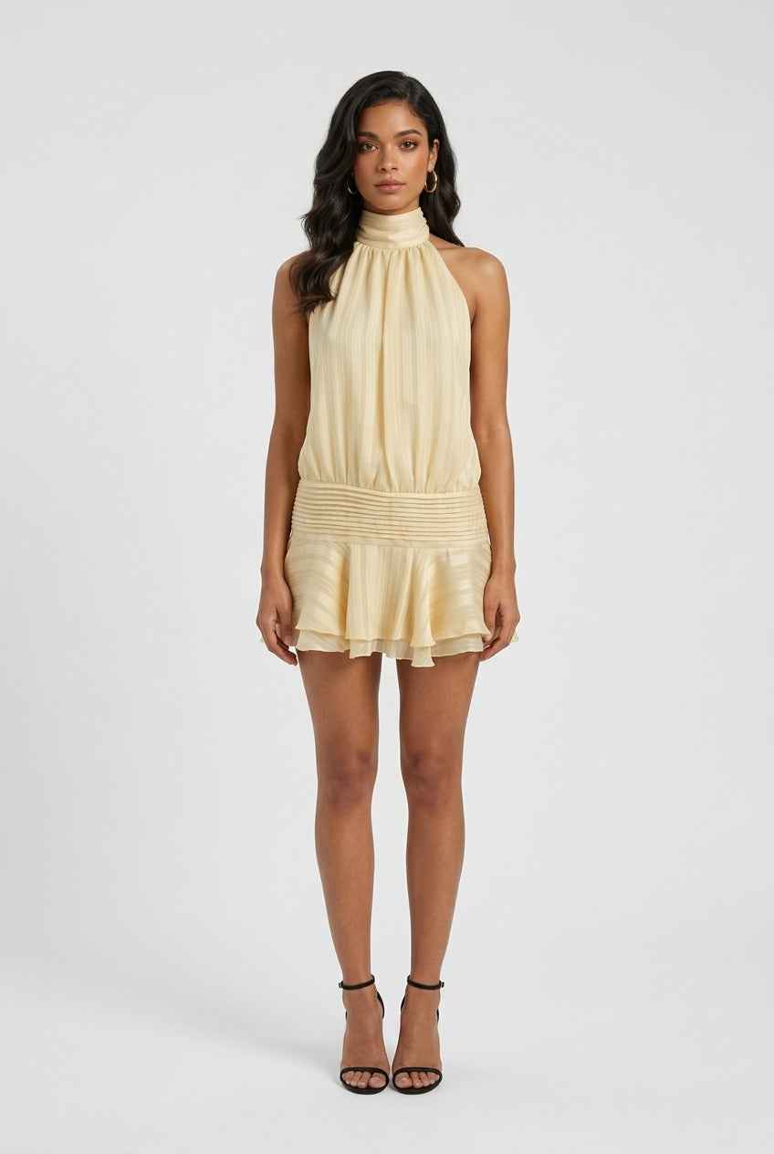 Women’s light yellow halter mini dress, sleeveless with smocked waist and ruffled bottom