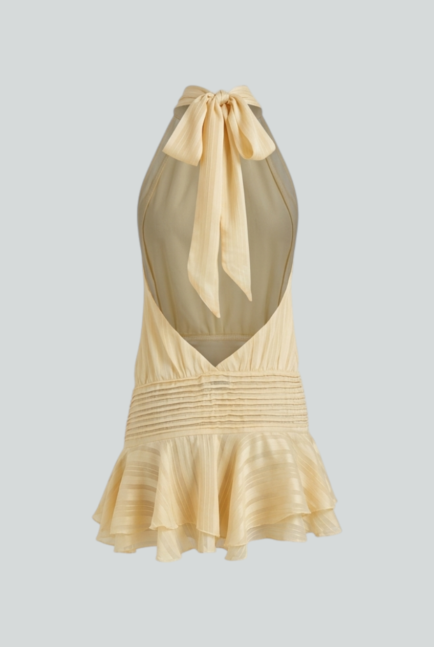 Light yellow women’s mini dress, open back with tie bow, smocked waist, ruffled hem