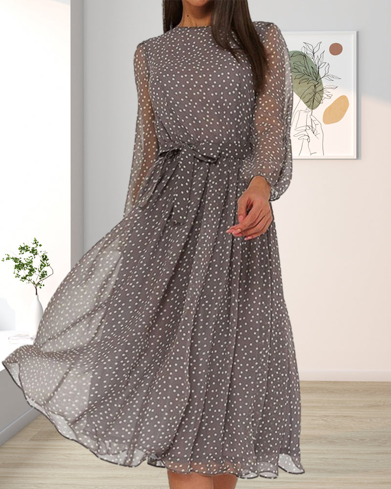 Grey polka dot long-sleeve A-line dress with gathered waist bow and flowing skirt hem