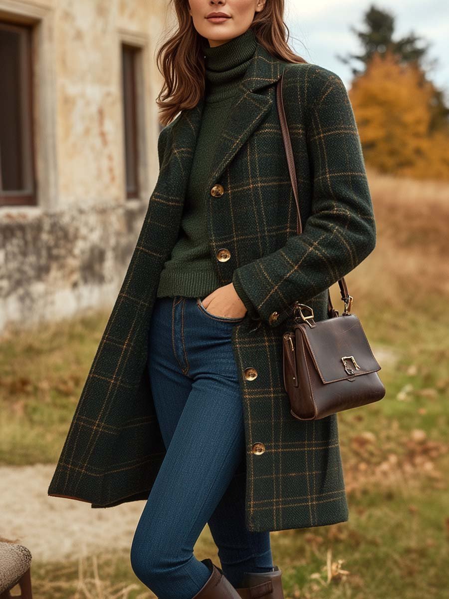 Dark green plaid long wool coat with button front, high neck, and fitted silhouette