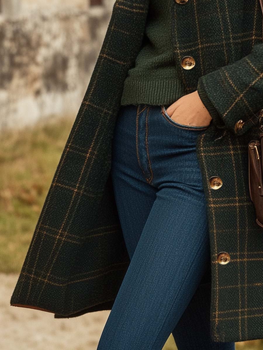 Dark green plaid long coat with button front and wide lapels