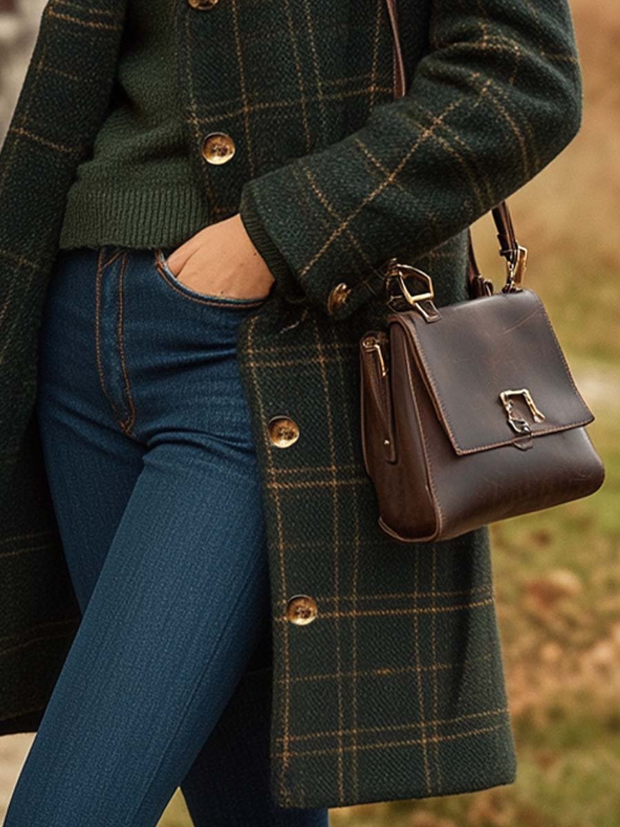 Dark green plaid coat sleeve with buttoned cuff and long hem length