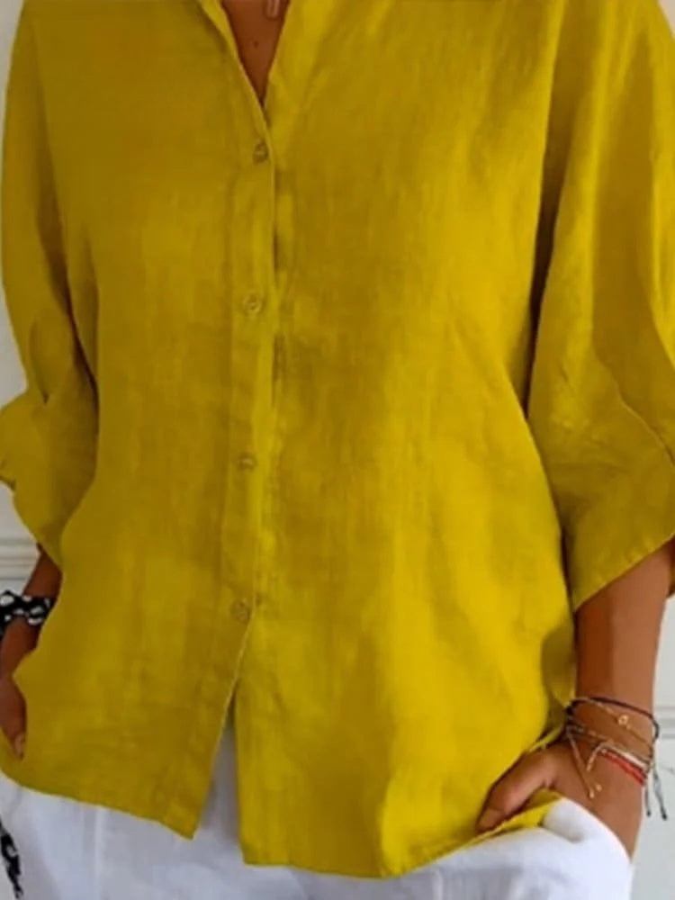 Yellow relaxed button-front blouse with point collar and 3/4 sleeves