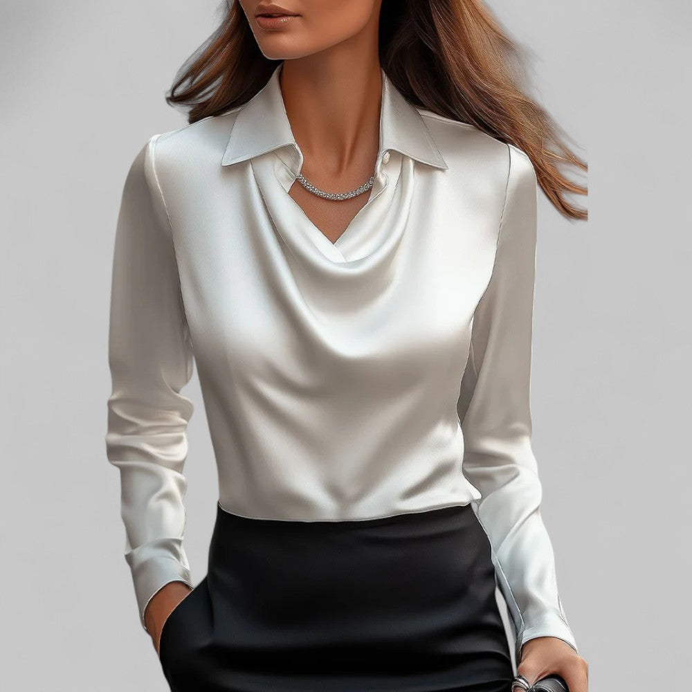 Silk blouse with draped V-neck and tailored fit, satin sheen, long sleeves, white