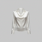 White satin draped blouse with tailored fit, V-neck and draped collar