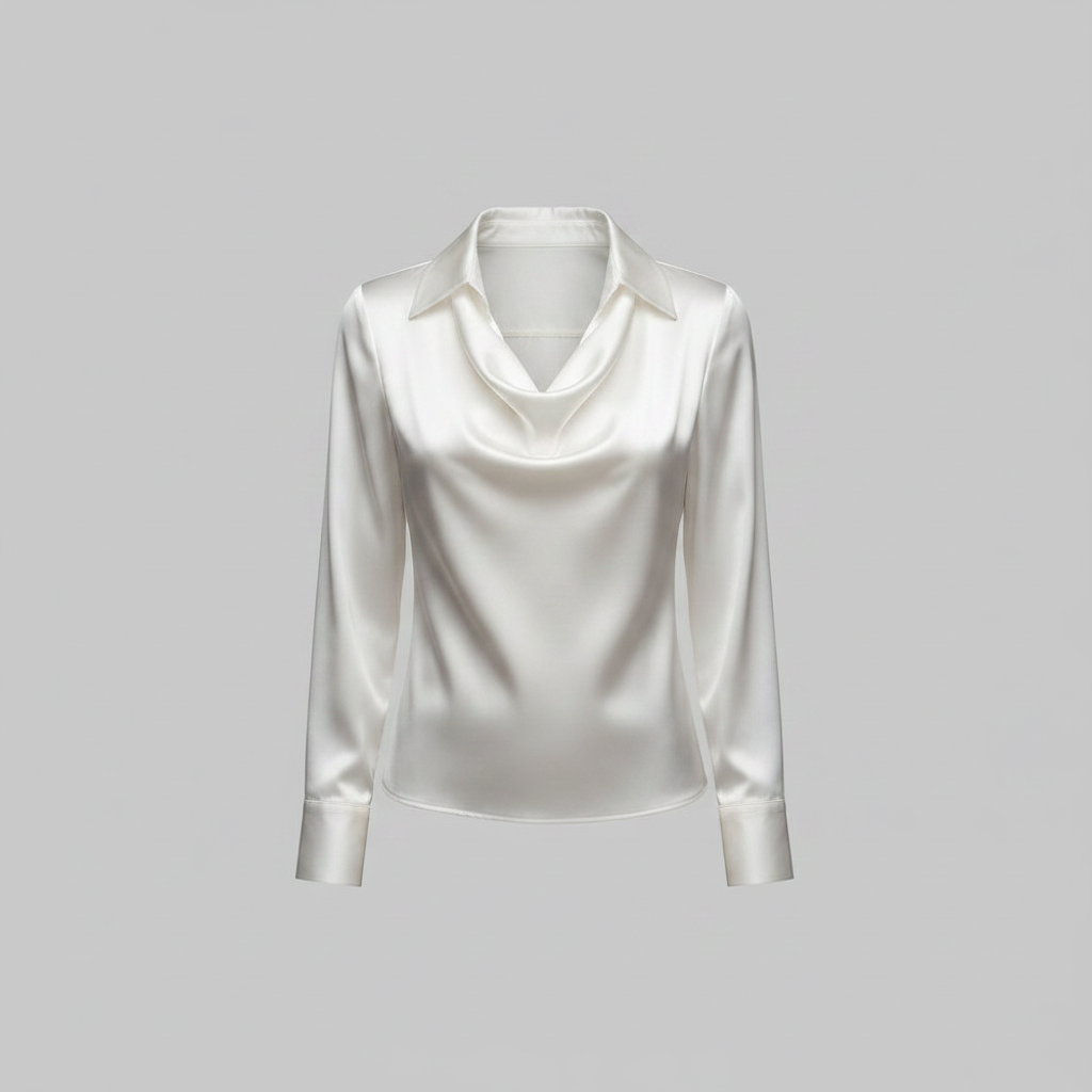 White satin draped blouse with tailored fit, V-neck and draped collar