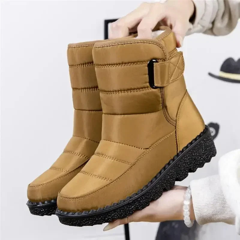 Quilted mid-calf boots in khaki, side buckle strap, chunky textured sole