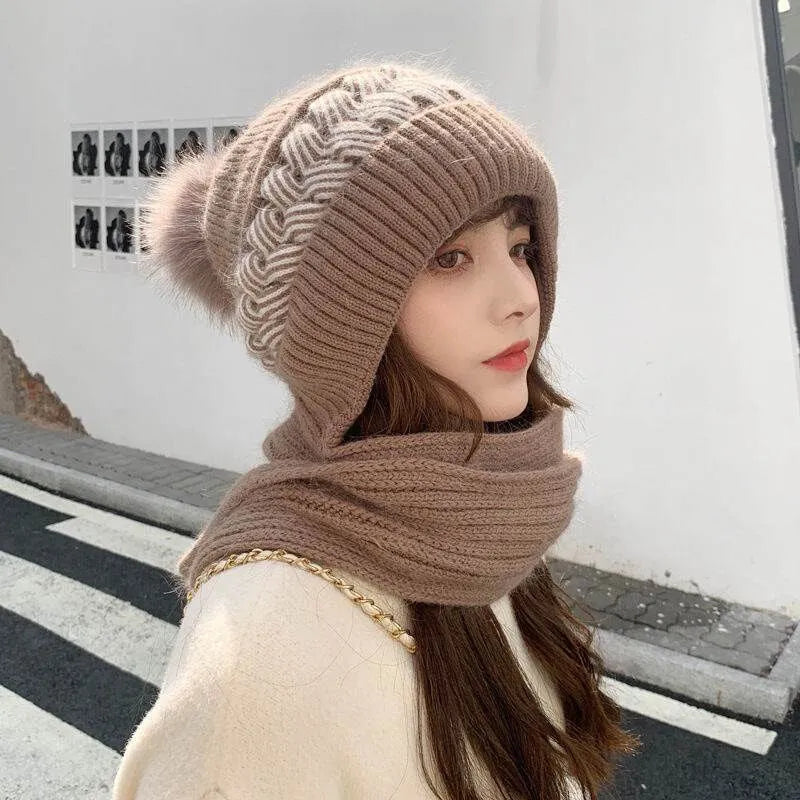 Khaki knit beanie and infinity scarf set with swirl ribbing and faux-fur pom-pom