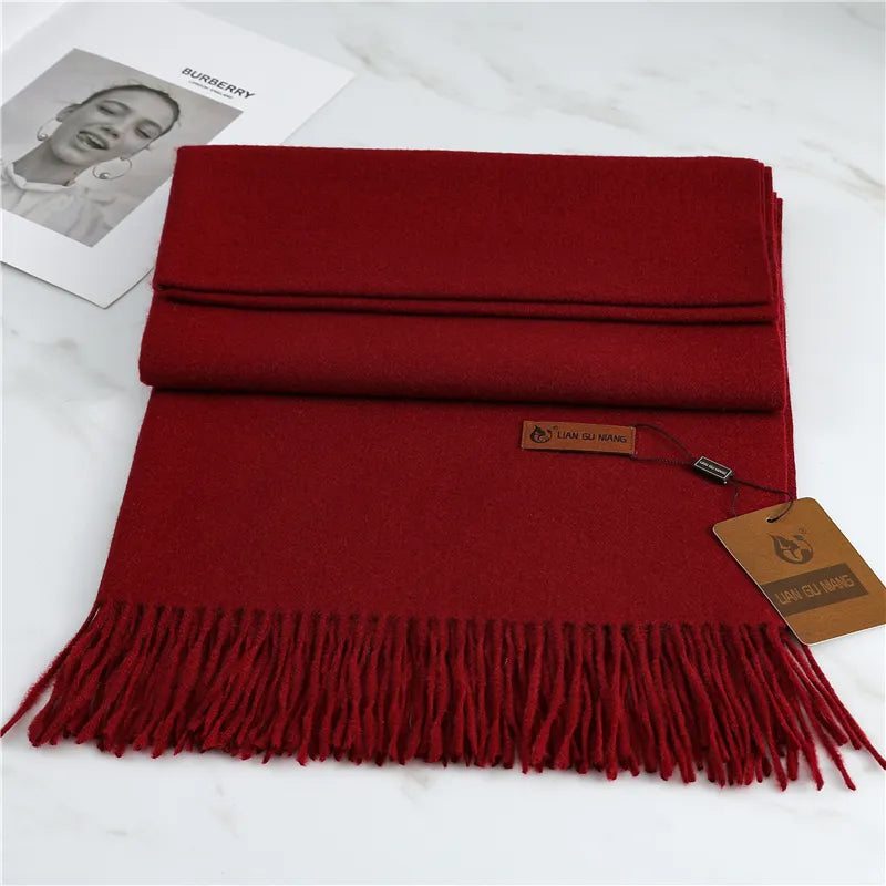 Burgundy cashmere scarf with fringed hem and folded double layer