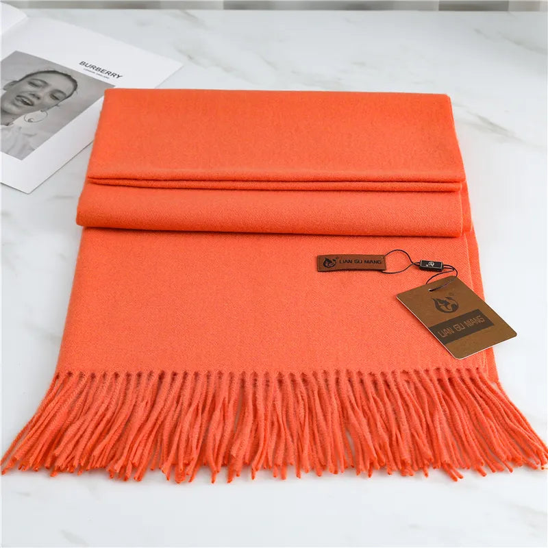 Orange cashmere scarf with fringed ends and folded double layer