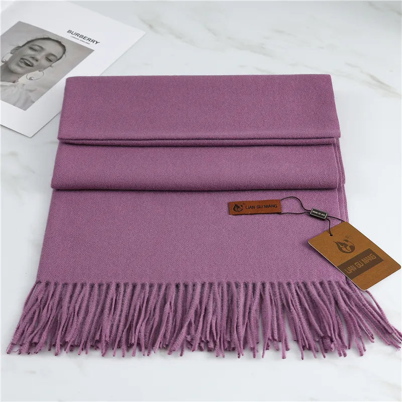 Lavender purple cashmere scarf with long fringed hem and attached tag
