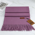 Lavender purple cashmere scarf with long fringed hem and attached tag