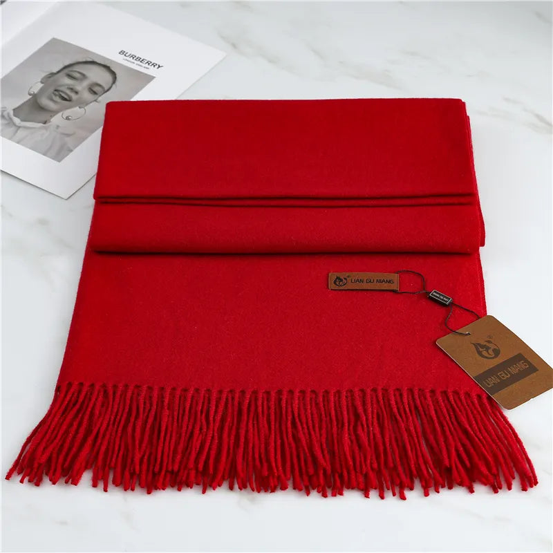 Red cashmere scarf with long fringes and folded double layer