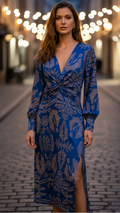 Blue V-neck midi dress with long sleeves, gathered waist knot, front slit