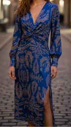 Blue V-neck midi dress with long sleeves and gathered waist knot, allover pattern