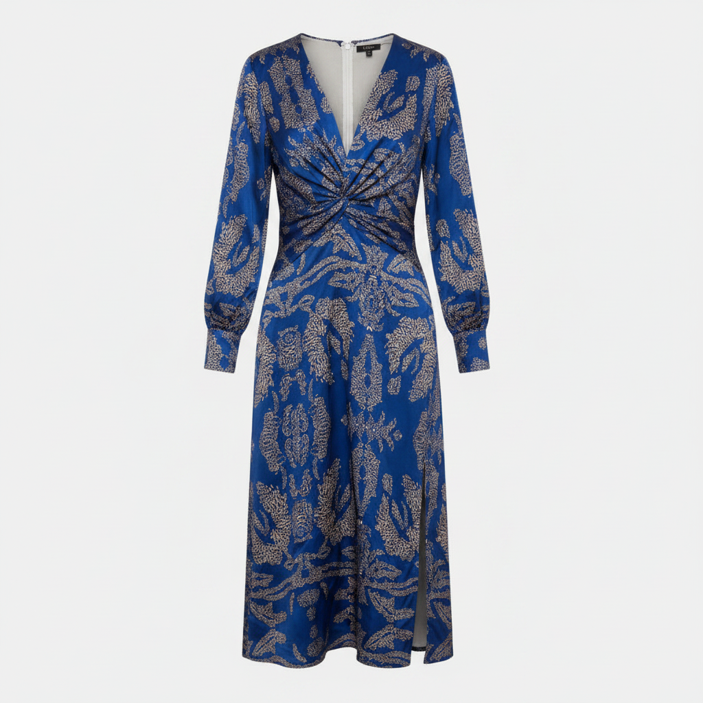 Blue V-neck midi dress with long sleeves, gathered waist knot, textured pattern