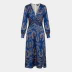 Blue V-neck midi dress with long sleeves, gathered waist knot, textured pattern