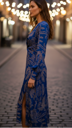 Blue V-neck midi dress with long sleeves and gathered waist knot, side slit