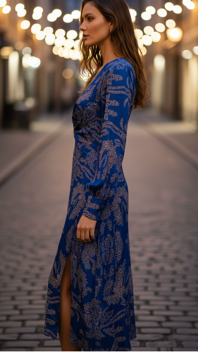 Blue V-neck midi dress with long sleeves and gathered waist knot, side slit