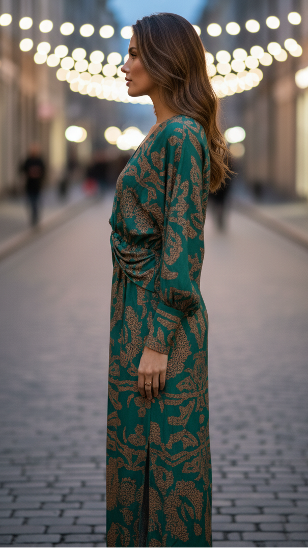 Green V-neck midi dress with long sleeves and gathered waist knot, back view