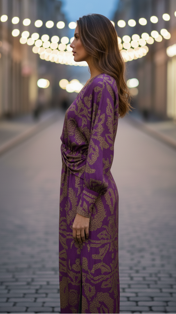 Purple V-neck midi dress with long sleeves and gathered waist knot, back view