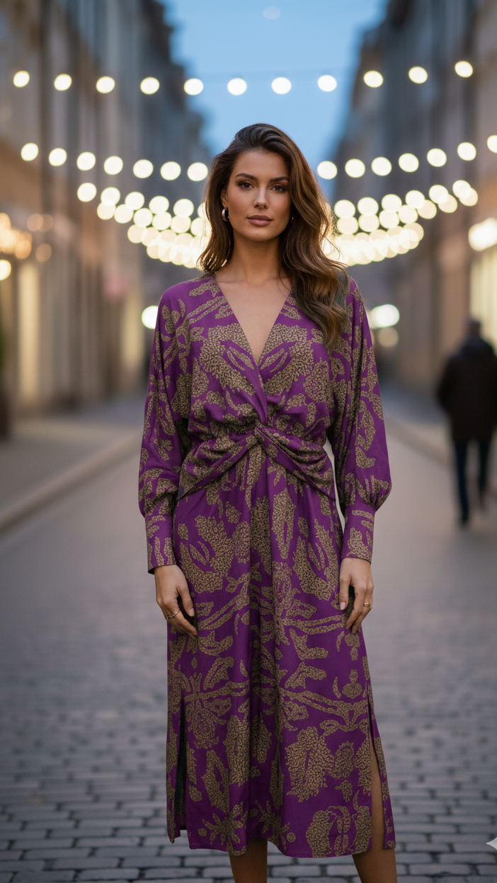 Purple V-neck midi dress with long sleeves and gathered waist knot, front view