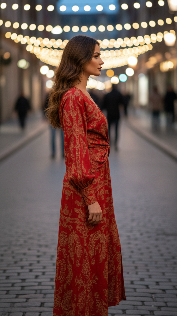 Red V-neck midi dress with long sleeves and gathered waist knot, back view