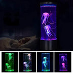LED jellyfish lava lamp, glowing multicolor jellyfish in blue/purple cylinder