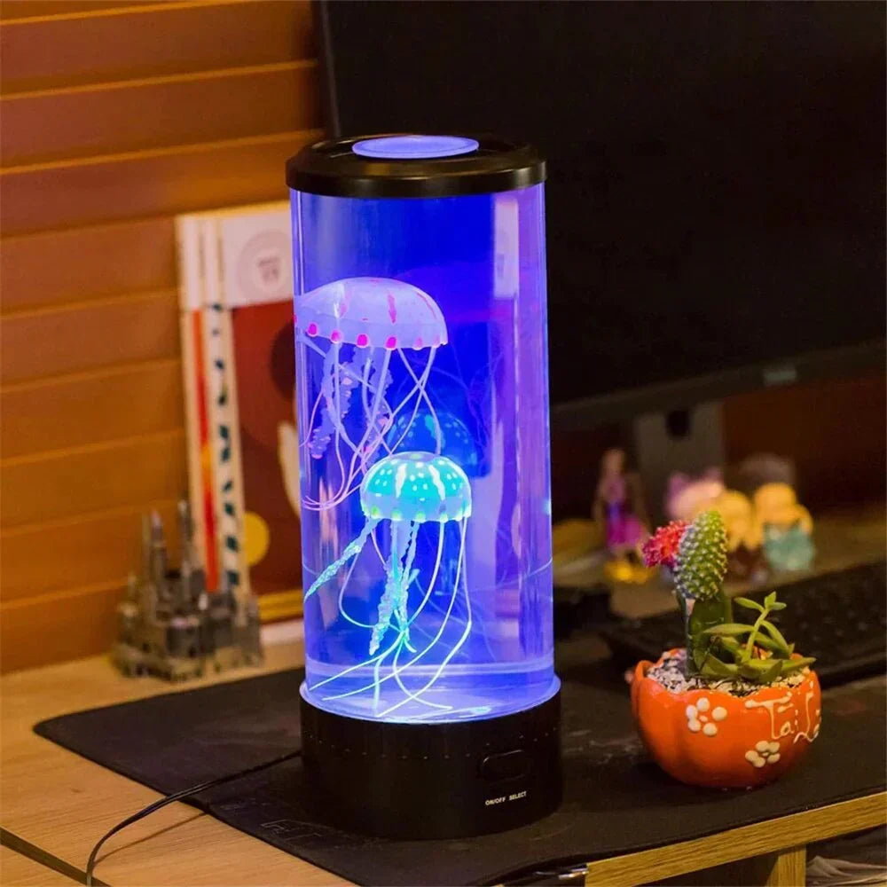 LED jellyfish lava lamp, blue cylinder with three glowing jellyfish