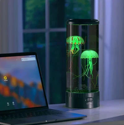 OceanGlow LED jellyfish lava lamp, dark cylinder with glowing green jellyfish