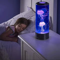OceanGlow LED jellyfish lava lamp, blue cylinder with glowing purple jellyfish