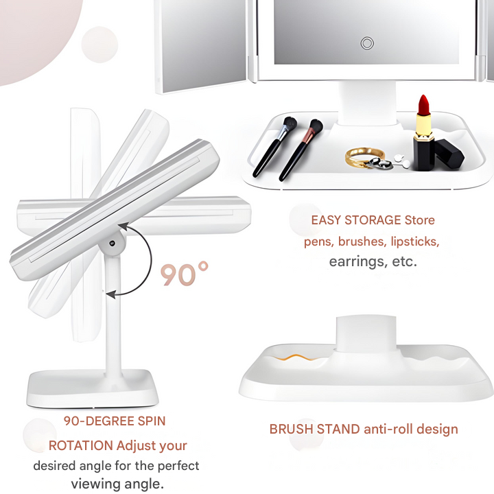 White LED makeup mirror with pivoting light bar and built-in brush stand base
