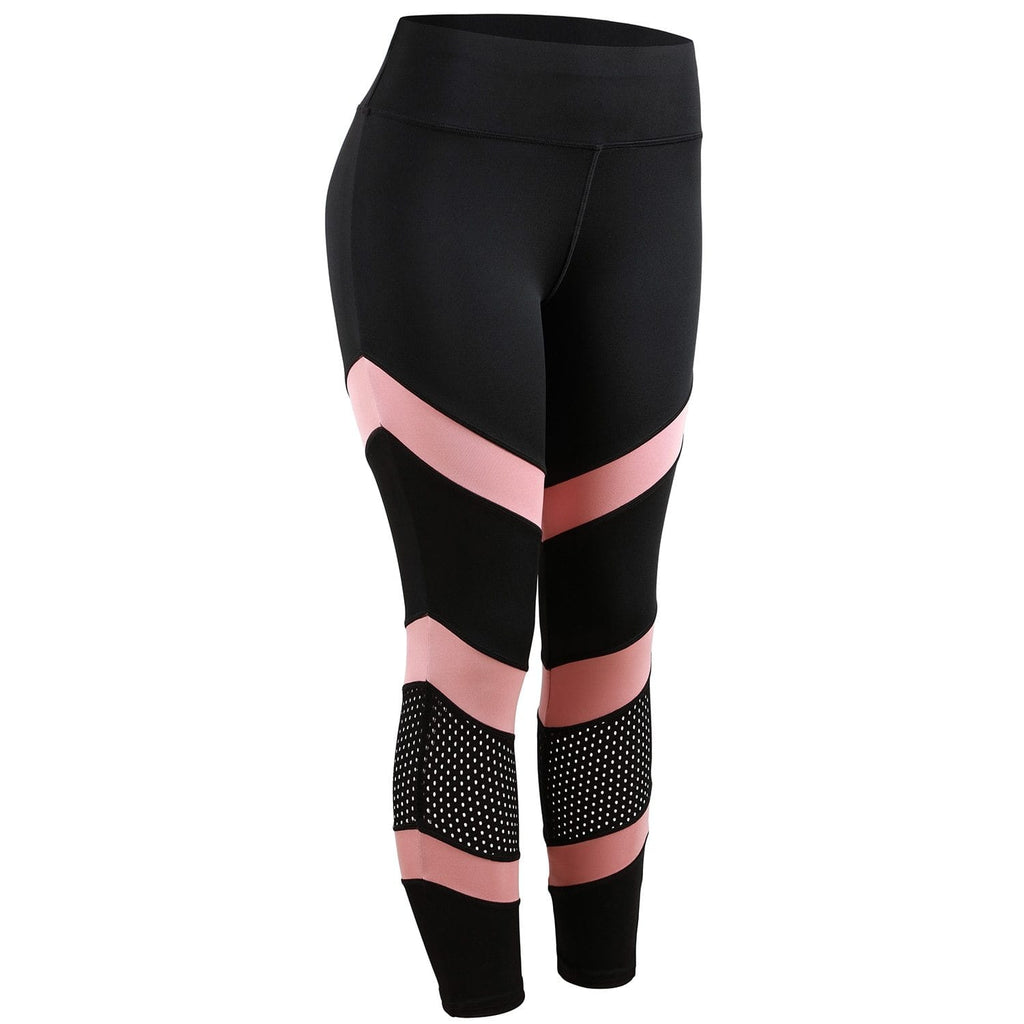 Women's high-waisted yoga leggings, black with pink horizontal panels and dotted mesh ankle cuffs
