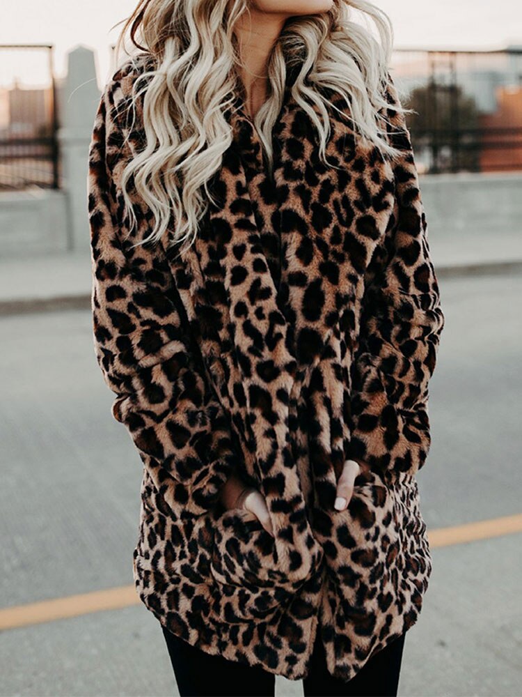 Leopard-print faux-fur winter coat with open front and side pockets, long sleeves