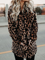 Leopard-print faux-fur winter coat with open front and side pockets, long sleeves