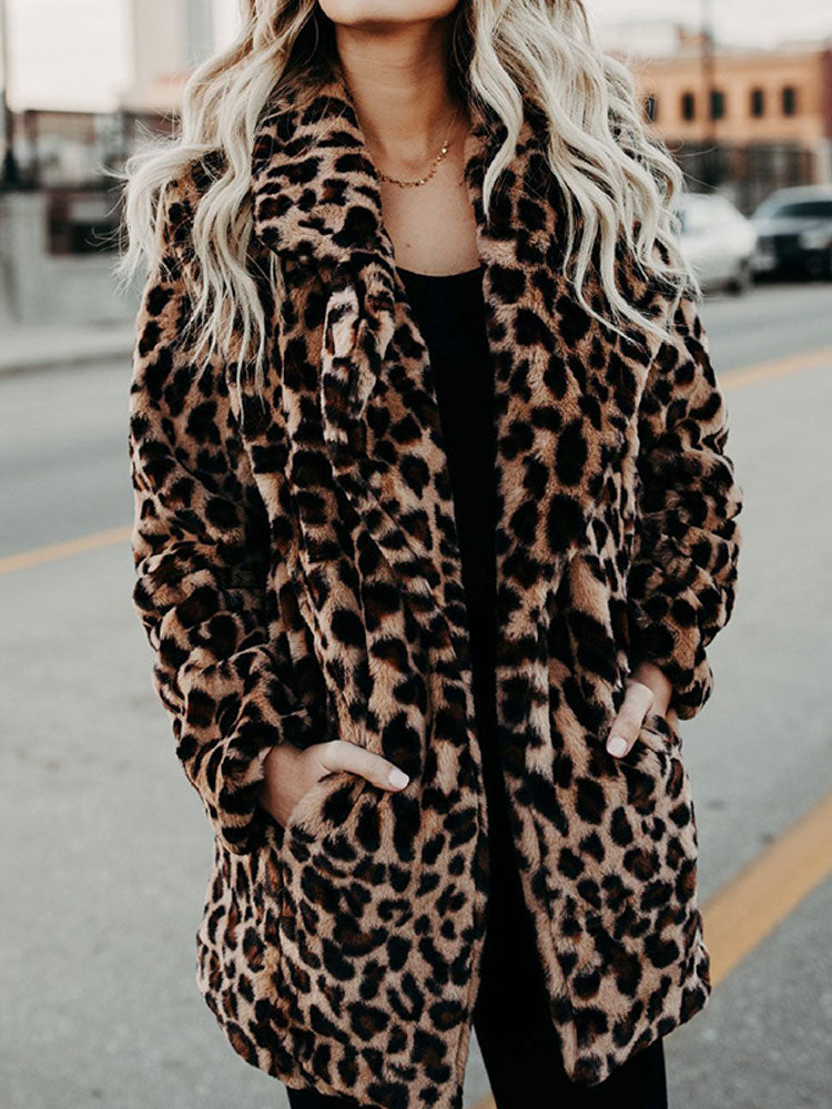 Leopard-print winter coat with stand collar and dark button front, long sleeves