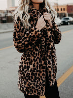 Leopard-print winter coat with button placket and soft faux-fur texture, long sleeves