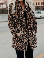 Leopard-print faux-fur winter coat with full button front and front pockets, long sleeves