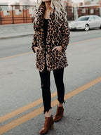 Leopard-print winter coat with long hem, button-front and plush faux-fur texture