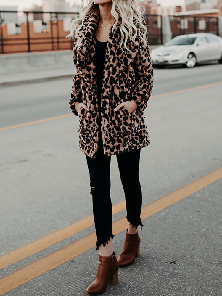 Leopard-print winter coat with long hem, button-front and plush faux-fur texture