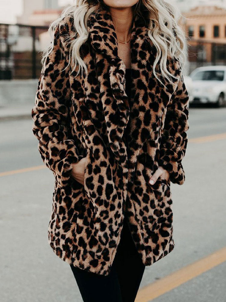 Leopard-print winter coat with plush faux-fur texture and button-front, long sleeves
